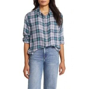 Lucky Brand Women's Cloud Plaid Boyfriend Shirt Tempest Plaid Blue Gray Navy S